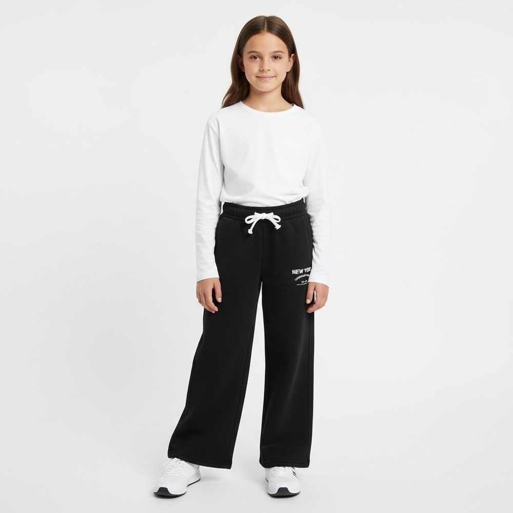 Zara Kids 8/9 Black Wide Leg Sweatpants NYC Graphic NWOT Drawstring Comfy Lounge